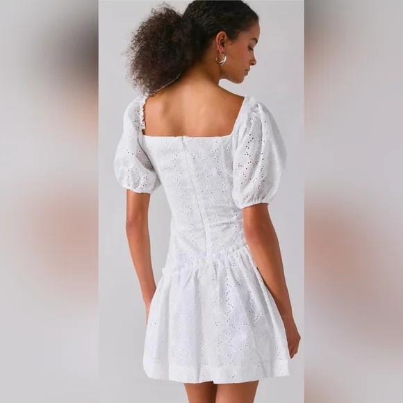 Rare London UO White Eyelet Assymetric Puff Sleeve Mini Dress - Picture 3 of 5